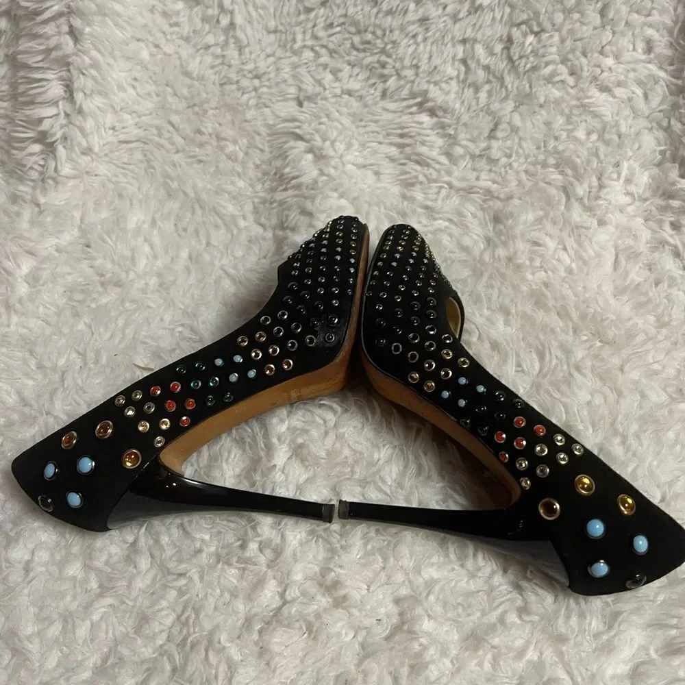 Giuseppe Zanotti Black Suede multi color  studs Peep Toe Platform Pumps EUR SZ37